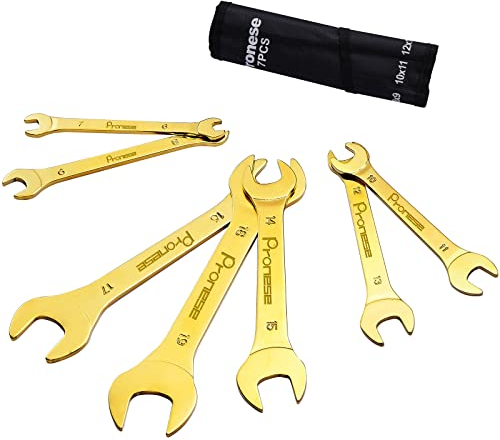Pronese Set di 7 chiavi super sottili con estremità aperta, placcatura in titanio, acciaio al carbonio con lucidatura a specchio, metriche, tra cui 6 ~ 19 mm, inserite in un sacchetto di rotolamento