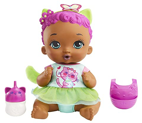 MY GARDEN BABY Katzenbaby-Puppe - Pinkes Haar, Grüner Rock, Jasminduft, Lätzchen, Fläschchen, Stoffwindel, Kinderhochsitz, 30cm, für Kinder ab 2 Jahren, HHL23