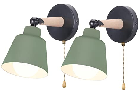 iDEGU Lot de 2 Applique Murale Rétro Vintage E27 Luminaire Plafonnier Industriel en Bois Métal Réglable Lampe Murale Interieur avec Interrupteur Applique Moderne pour Chambre Entrée Salon (Vert Olive)