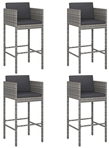 vidaXL Barhocker 4 STK., Hocker mit pulverbeschichtetem Stahlrahmen, Barstuhl mit Sitzkissen Rückenkissen, Bistrostuhl Tresenhocker, Grau Poly Rattan