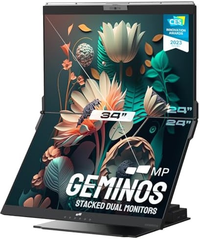 Geminos Dual 24 Stacked Computer Monitor con ricarica USB-C da 100 W, webcam e altoparlanti 1080P, monitor desktop verticale all-inclusive, HDMI/USB-A/USB-C, 2 monitor