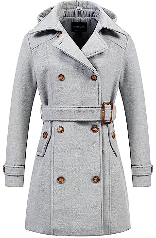 Chrisuno Damen Zweireihiger Erbsenmantel mit Kapuze langer Winter-Trenchcoat, Hellgrau, Medium