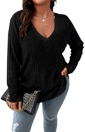 Gemulate Long Tops Long Sweater for Women Winter Autumn Clothing Tops Loose V Neck Knit Jumper Oversized Sweatshirt Black XX-Large