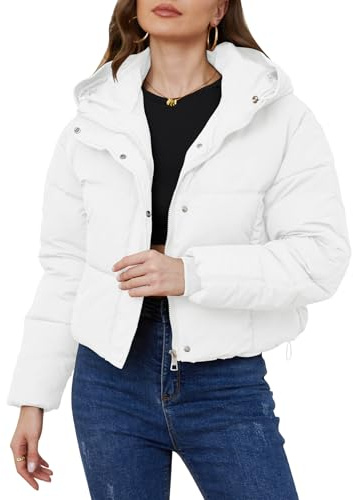 Yimoon Women's Cropped Puffer Jacket Hooded Zip Up Quilted Short Padded Coat Lightweight Winter Warm Outwear, White, S
