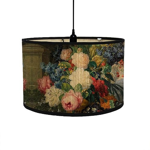 FANSU Round Drum Light Shade for Table Lamp, Modern Vintage Floral Pattern Pendant Lampshades Easy Fit for Living Rooms, Bedroom, Hallways, Reading Room (Peony)