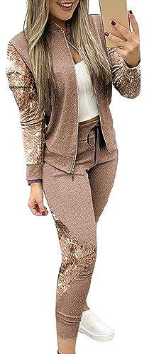Jogginganzug Damen Pailletten Trainingsanzug Zweiteiler Bomberjacke + Slim Hose Set Stehkragen Zipper Jacke Tracksuit mit Glitzer Fashion Sportanzug Streetwear Lässige Hausanzug (Khaki, XL)