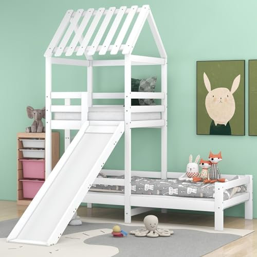 Sweiko Lit Cabane en Bois, Lit Superposé avec Toit, Lit Tour de Jeux avec échelle à Angle Droit et Toboggan, Sommier à Lattes, Cadre de Lit, Blanc (sans Matelas)