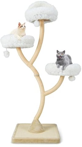 GOPLUS Arbre a Chat Moderne Hauteur 178 CM, Design Incurvé, Arbre à Chat avec Griffoirs et Planche en Sisal, 3 Perchoirs Chauds à 3 Niveaux, 3 Balles, Cadre en Métal, Idéal pour d'Intérieur (Beige)