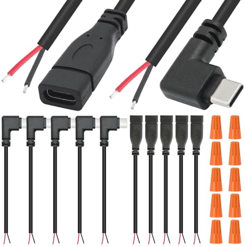 Xiatiaosann Rechtwinkliger USB-C-Stecker auf 2-poliges Kabel mit offenem Ende mit USB-C-Buchse auf 2-poliges Kabel mit offenem Ende und Kabelendkappen (10 Stück)