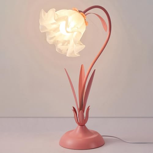 Blume Tischlampe Vintage Tischlampen Blumenform Metall Blatt mit Mattiert Lampenschirm Nachttischlampe für Schlafzimmer, Mädchenzimmer, Wohnzimmer, Schlafzimmer, Büro, Kommode (Rosa)