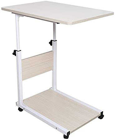 Table d'appoint avec roulettes - En forme de C - Réglable en hauteur - 55 à 80 cm - Table de chevet - Table de salon - Structure en métal - Table basse mobile - Plateau de table pour canapé - Blanc