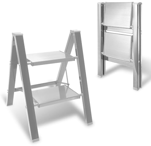 Yakimz Escalera de aluminio de 2 peldaños, con pedal ancho antideslizante, 150 kg de capacidad, escalera portátil plegable para oficina doméstica, pequeña y compacta
