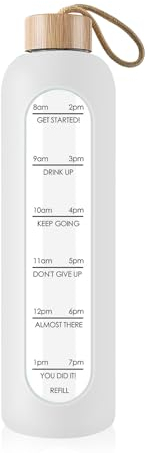Drinking Bottle Glass 1 Litre with Time Markings - 1 Litre Leak-proof Sports Glass Water Bottle with Bamboo Lid for Sports, Leisure, 1000 ml Reusable Silicone Case Glass Drinking Bottle (White)