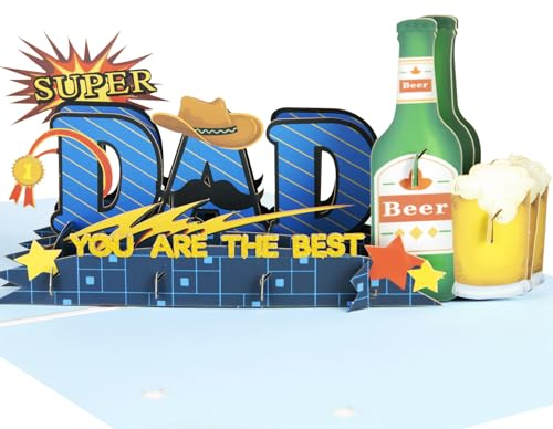 Pop-Up Karte Vatertag 3D – Super Dad Karte mit Bier, Cowboyhut & Schnurrbart – Lustige Grußkarte für Papa, Geschenk zum Vatertag, Geburtstag oder einfach Danke sagen