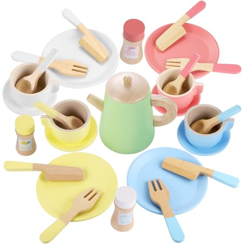 GAGAKU Wooden Tea Set Wooden Toy Kitchen Dish Set Toddler Plates and Cutlery Set Toy kitchen Accessories 28PCS Kids Role Play Gift for Age 3+ Years