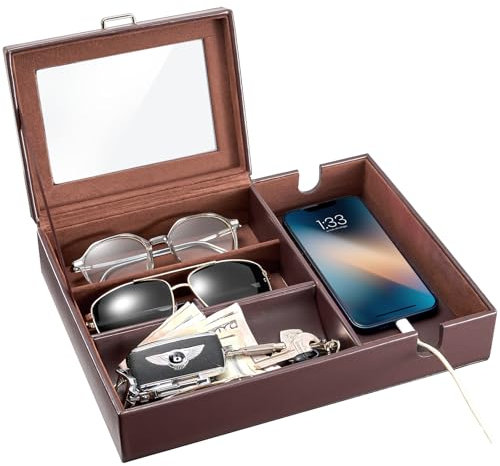Procase Vide Poche Homme, Plateau en PU Cuir de Grande Capacité, avec un Couvercle, Organiseur de Valet pour Clés, Portefeuille, Téléphone, Lunettes -1 Niveau, Marron