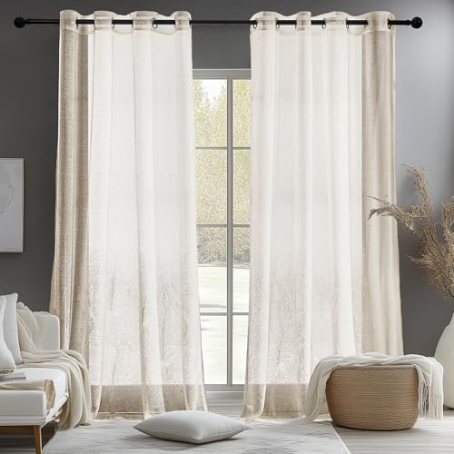 Deconovo Gardinen Ösenvorhang Leinenoptik Transparent Vorhang Gardine Voile Vorhänge Wohnzimmer Gardinenschal, 245x140 cm(HöhexBreite), Beige, 2er Set