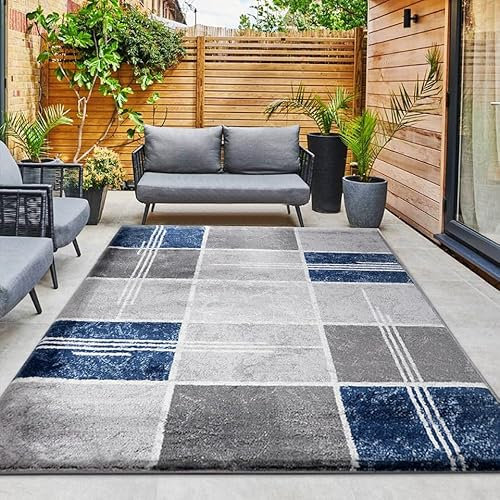 Modern Shaggy Area Rug Thick Pile Soft Carpet for Bedroom Living Room Dining Room TV Lounge - Warm and Cozy Plush Box Pattern Runner Rug Large Floor Mat - Blue, 200x 290 cm