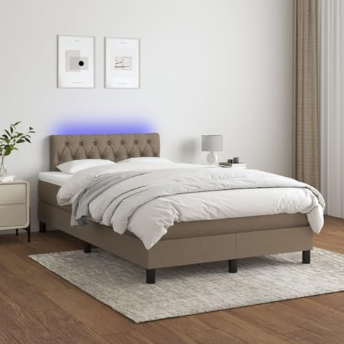 Willood Boxspringbett mit Matratze Bett Kopfteil LED, Einzelbett Bettgestell mit Lattenrost, Polsterbett Bettrahmen Taupe 120x200 cm Stoff Knopfheftung Design