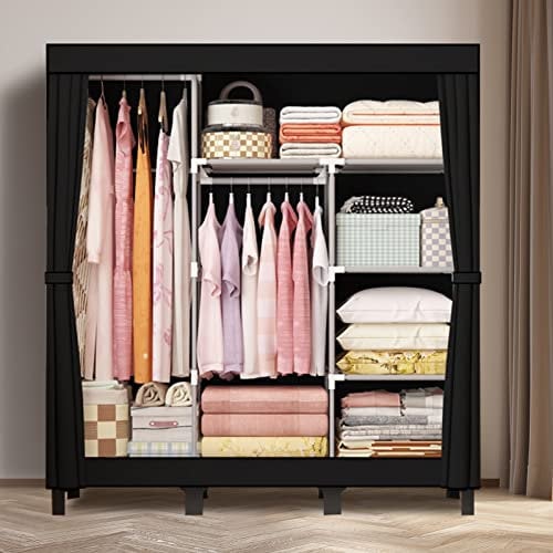 LOEFME Kleiderschrank, Stoffschrank, Faltbarer Kleiderschrank mit Kleiderstange, Stoffkleiderschrank mit 18 Seitentaschen, 45 x 130 x 172 cm, Grau (Schwarz-2)