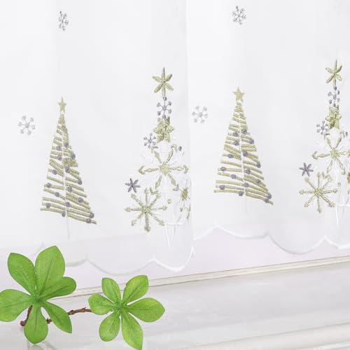 Yujiao Mao Festliche Scheibengardine Weiß mit Eleganten Goldenen Weihnachtsbäumen Halbtransparent Voile Bistrogardine für Winterliche Fensterdekoration 1 Stück, Gold HxB 30x90cm