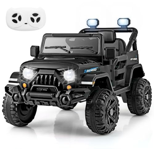COSTWAY 12V Kids Ride on Car, 2 Motors Electric Off Road Truck with Remote Control, LED Lights, Music, Horn & Wireless Connection, Battery Powered Ride on Toy for Boys Girls (Black)