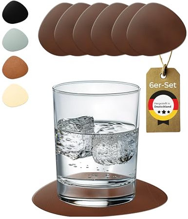 Lederfabrik Garnier® Untersetzer Gläser modern 6er-Set - rutschfest & Abwaschbar - Perfekter Tischschutz - Glasuntersetzer Leder Braun - Made in DE