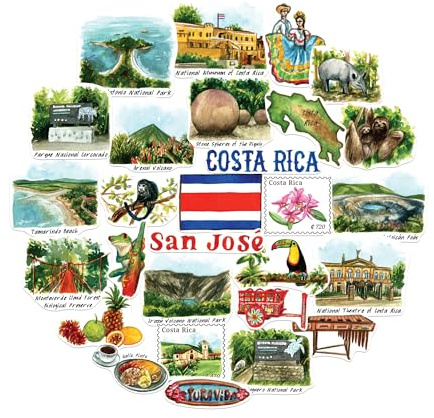 Navy Peony Küsten-Costa-Rica-Reisesticker (28 Stück) – Handgezeichnete, Mittelamerika- und Karibik-inspirierte Aufkleber für Tagebücher, Scrapbooks, Gepäck