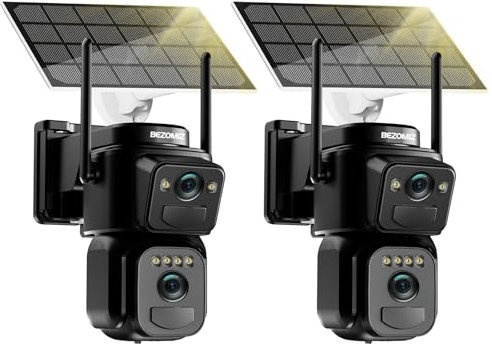 BEZOMIZ 4K Caméra Surveillance WiFi Extérieure à Double Objectif,360° PTZ Caméra IP,8MP Détection Humaine avec Panneau Solaire,Suivi Automatique,Vision Nocturne Couleur 30M,Étanche,Audio (Noir 2PCS)