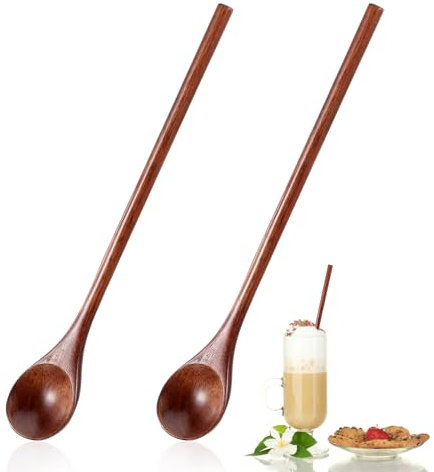 Ouligay 2 cucharas de madera de mango largo, 20 cm, juego de cucharas de madera de mango largo, cucharas largas de miel, cucharas de café largas para café, miel, té, sopas, cocinar (marrón oscuro)