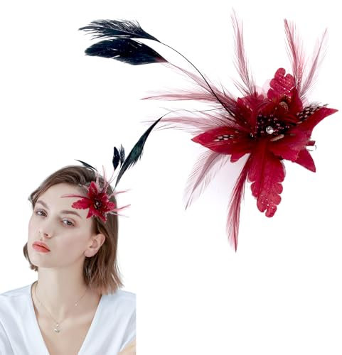 AWAVM Feder Mesh Tea Party Stirnband Fascinator Hut,blume feder perlen hüte,fascinator hut von sibba,modischen rot feder fascinator clip Für Damen Schwarze