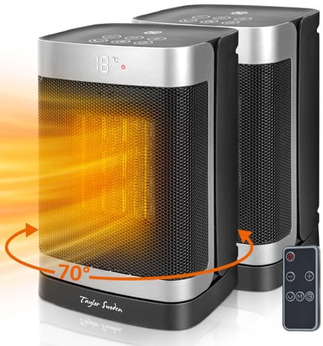 Taylor Swoden Fiery - Chauffage d'appoint portable pour usage intérieur, chauffage electrique PTC avec télécommande, minuterie de 24 heures, oscillation de 70°, 4 modes, 1500W, 2 Paquets