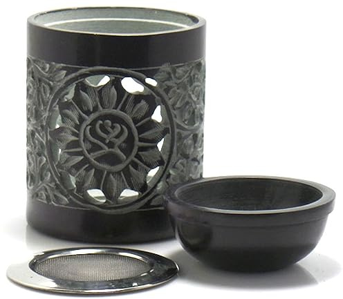 Räuchergefäß und Duftlampe aus schwarzem Speckstein inkl. Sieb – Sonnenlotus