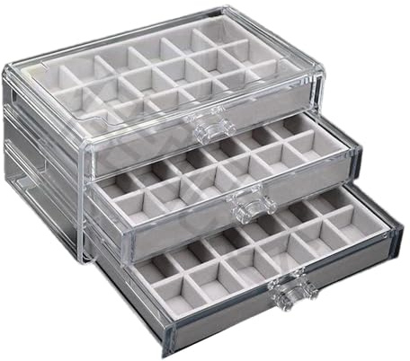 Edelstein Vitrine Rock Sammelbox 54 Fächer, 3 Schubladen, Transparente Acryl Stein Sammelbox, Schmuckkästchen,Aufbewahrungsbox Für Kinder Aufbewahrungsbox Crystal Organizer,15,5 X 23,7 X 10,8 Cm