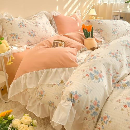 GETIYA Elegant Bunt Blumen Bettwäsche 135x200 Baumwolle Bettbezug mit Rüschen Mädchen Damen Bettwäsche Weiß Orange Wendebettwäsche Einzelbett Blumen Deckenbezug mit 1 Kissenbezug 80x80