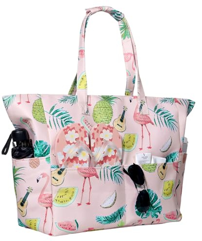 Ansamy Strandtasche für Damen, XXL, Einkaufstasche, groß, wasserdicht, Strandtasche, mit Taschen, faltbar und leicht, Pooltasche, Hawaii, große Tot Bag, Strand, Pool, Urlaub, Fitnessstudio, D., 55 x