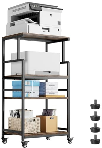 Aquzee 4-Tier Printer Stand, Large Printer Table with Wheels, Open Printers Table for Home Office, Rolling Printers Cart with Wheels, 5-Adjustable Heights, 27.5 W*19.7 D*49.3 H, Rustic Brown