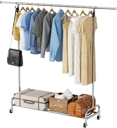 NEYCIL Hochbelastbarer Kleiderständer mit Rollen, 47,05„ bis 65,94“ verstellbarer Kleiderständer aus Chrom zum Aufhängen von Kleidung, mit Feststellbremse für Schlafzimmer, Waschküche, Lagerraum