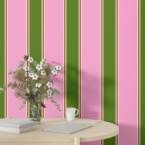 Fchen art Gestreifte Tapete zum Abziehen und Aufkleben, modernes abnehmbares Kontaktpapier, selbstklebend, wasserdicht, Wandpapier für Schlafzimmer, Schränke, Dekoration, 45 x 1000 cm, Rosa und Grün