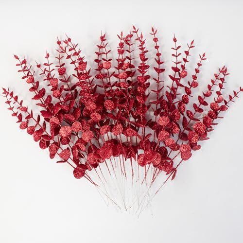 24pcs Glitter Eucalyptus Leaves Stems,13.8In Christmas Eucalyptus Branches Plants for Wedding Xmas Tree Holiday Winter Home Fireplace Decor (Red)