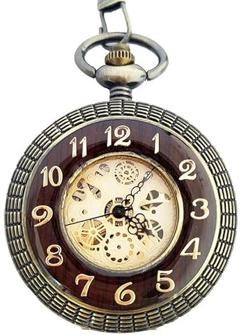 TruClothing Mechanical Skeleton Wooden Half Hunter Pocket Watch with Chain