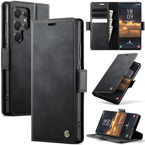 Lonjanfon Handyhülle für Samsung Galaxy S22 Ultra 5G Hülle,Schwarz | Premium Lederhülle,RFID Schutzhülle Retro PU Leder Flip Case Ständer Kartenfach Magnet Stoßfest Klapphüllen