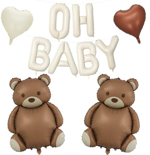 Koboko Oh Baby Deko Luftballon, 16 Zoll Cremeweiß OHBABY Buchstaben Ballons, Bär Folienballon Babyparty Deko Mädchen Junge, Herz Luftballons Beige Baby Shower Deko, Oh Baby Ballon Babyshowerparty Deko