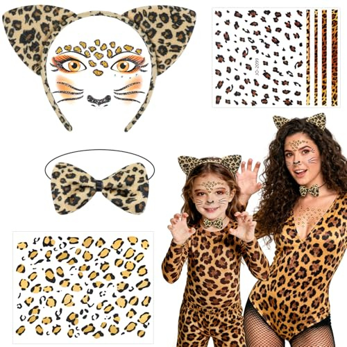 Kiiwah Leoparden Kostüm Set, 5 Stück Leopard Kostüm Damen mit Leoparden Ohren Haarreif, Fliege, Glitzer Gesichtstattoo und Selbstklebende Nagelaufkleber für Karneval Fasching Halloween Cosplay Party