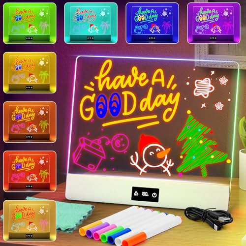 Tablette Lumineuse Dessin, UPGRADE Tablette de Dessin Lumineuse Rechargeable, 11 Effets Lumineux, Facile à Nettoyer et Portable - Tableau de Dessin avec 7 Stylos Néon