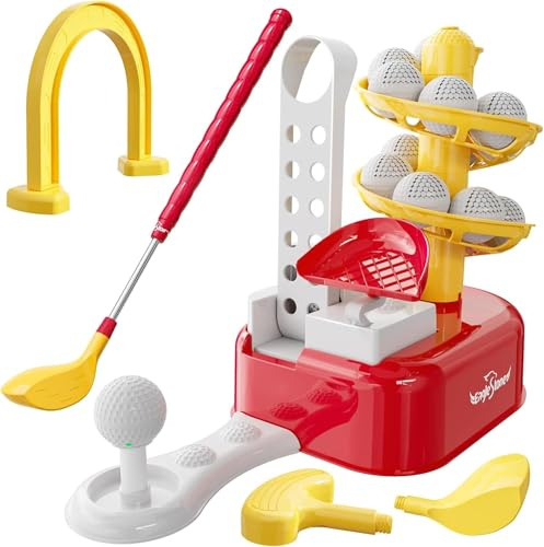 EagleStone Golf Set with Foot Pedal Launcher for Kids Ages 3-8 | Includes Adjustable Golf Club, 15 Balls & Golf Cart, Indoor&Outdoor Sports Gift for Boys and Girls, Red