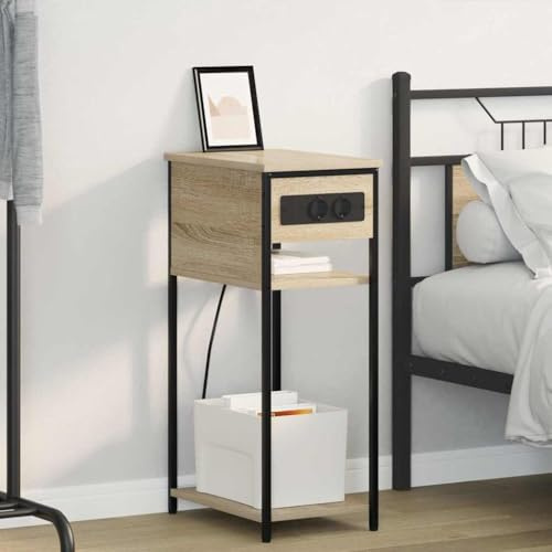 kithwjll Nachttisch Sonoma-Eiche 41x28x76 cm, Holzwerkstoff mit integrierter Ladestation, 2 Regale, schmaler Beistelltisch für Schlafzimmer, Robustes Nachtkästchen im modernen Farmhouse Stil