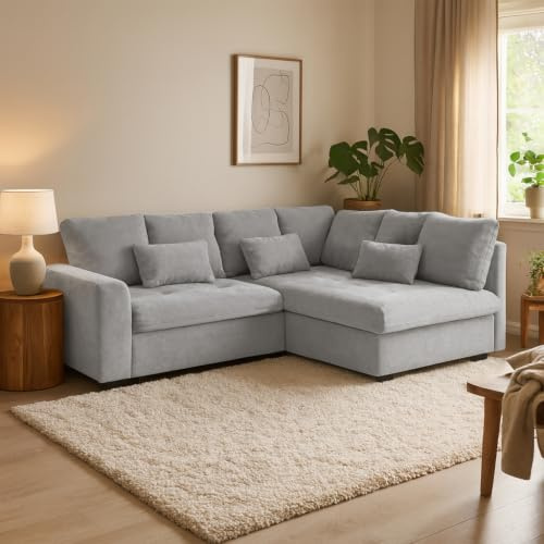 BEAUTY SOFA Ecksofa RAMO mit Schlaffunktion 160x200 cm im Set mit Topper, Hellgrau (Velo 633), Rechts