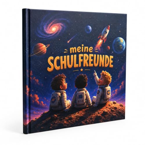 Tikva Verlag Freundebuch für die Schule mit Weltall-Motiven | Erinnerungsbuch zum Ausfüllen mit Platz für 30 Freunde & 5 Wegbegleiter (z. B. Lehrer) | Beliebtes Geschenk für Jungen im Grundschulalter