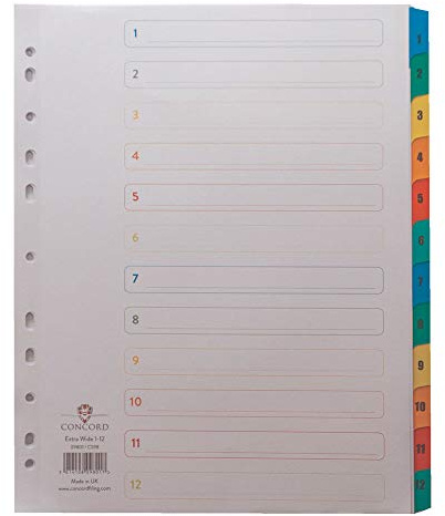 Concord Punched Pocket Index Multicolour-tabbed Europunched 1-12 Extra Wide A4 White Ref CS98